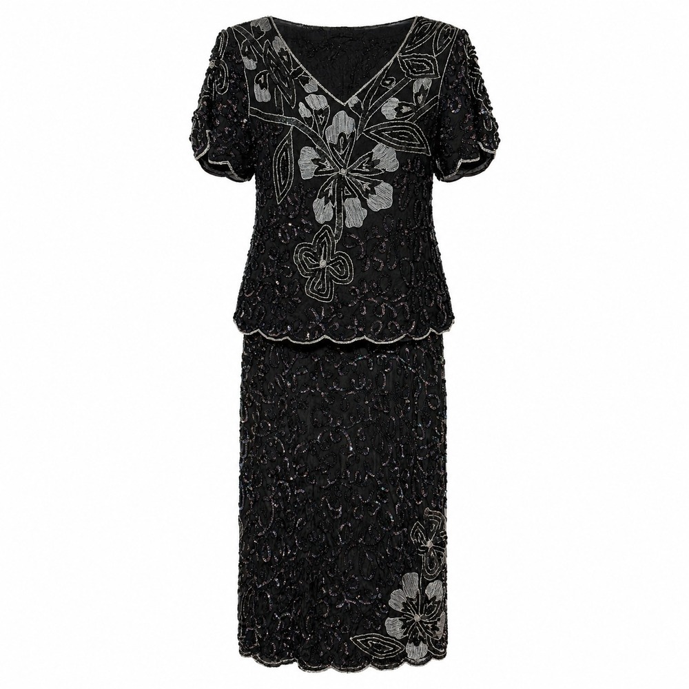 Vintage Silk Sequin 2 Piece Skirt Set Womens‎ Small Beaded Evening Old Hollywood